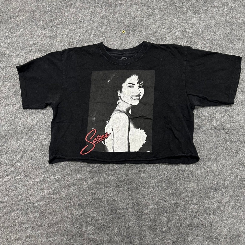 Selena T-Shirt Womens Size L Black Graphic Crop Top Raw Hem Short Sleeve Cotton